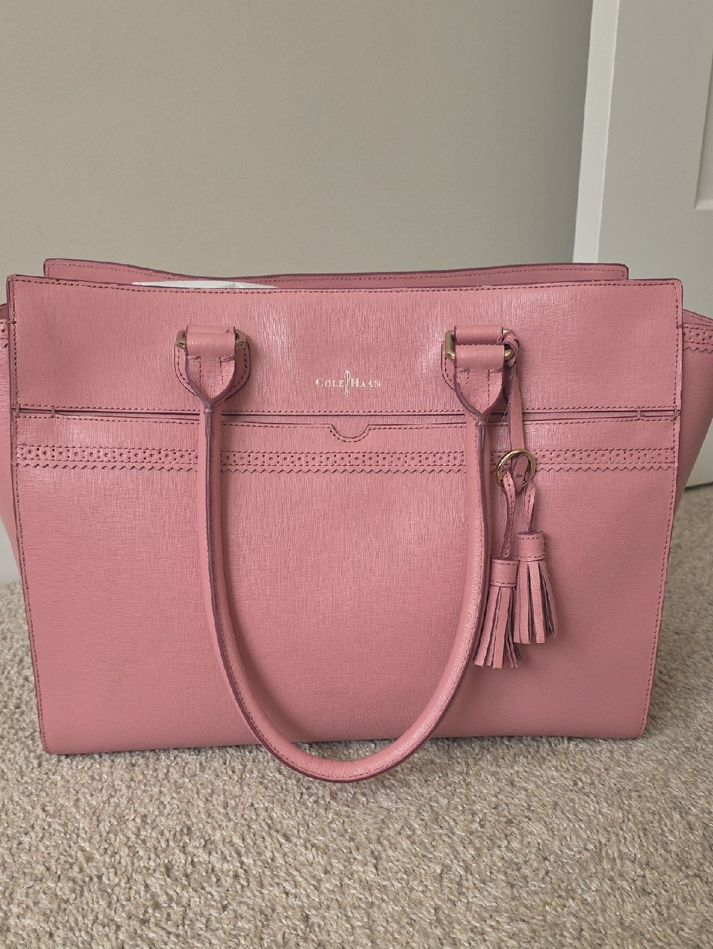 Cole Haan Blush Pink Saffiano Leather Tote with Tassel Charm